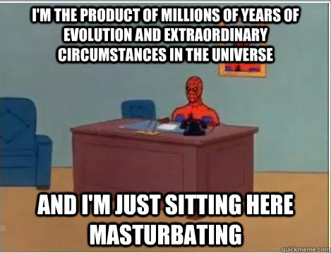 i'm the product of millions of years of evolution and extraordinary circumstances in the universe and i'm just sitting here masturbating  Spiderman Desk