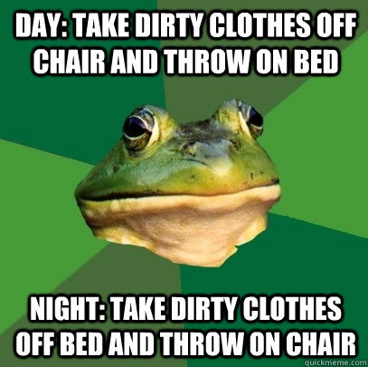 Day: Take dirty clothes off chair and throw on bed Night: Take dirty clothes off bed and throw on chair - Day: Take dirty clothes off chair and throw on bed Night: Take dirty clothes off bed and throw on chair  Foul Bachelor Frog