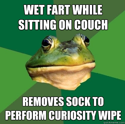 wet fart while sitting on couch removes sock to perform curiosity wipe  Foul Bachelor Frog