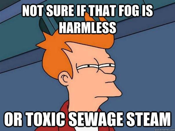 Not sure if that fog is harmless Or toxic sewage steam - Not sure if that fog is harmless Or toxic sewage steam  Futurama Fry