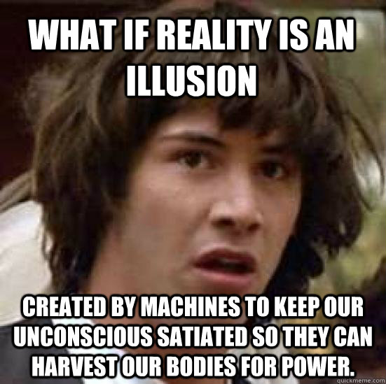 What if reality is an illusion created by machines to keep our unconscious satiated so they can harvest our bodies for power.  conspiracy keanu