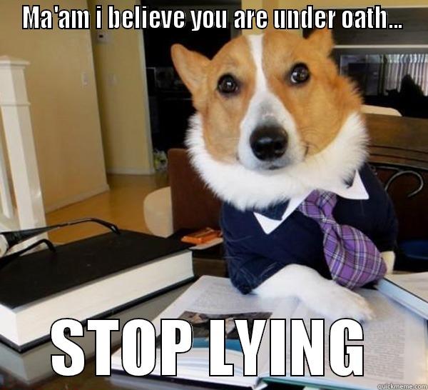 I knows u lying  - MA'AM I BELIEVE YOU ARE UNDER OATH... STOP LYING Lawyer Dog