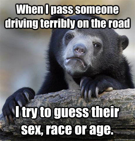 When I pass someone driving terribly on the road I try to guess their sex, race or age.  - When I pass someone driving terribly on the road I try to guess their sex, race or age.   Confession Bear