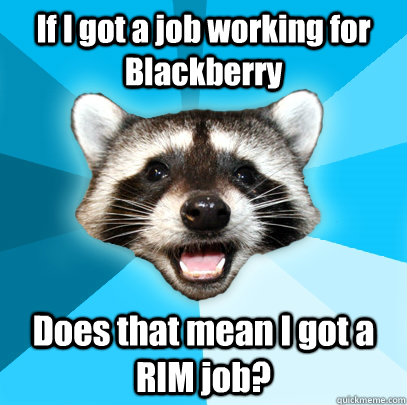 If I got a job working for Blackberry Does that mean I got a RIM job?  - If I got a job working for Blackberry Does that mean I got a RIM job?   Lame Pun Coon