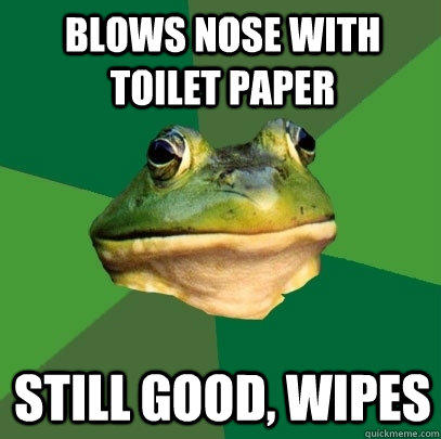 Blows nose with toilet paper still good, wipes - Blows nose with toilet paper still good, wipes  Foul Bachelor Frog