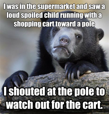 I was in the supermarket and saw a loud spoiled child running with a shopping cart toward a pole I shouted at the pole to watch out for the cart.  Confession Bear