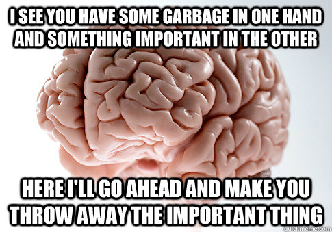 I see you have some garbage in one hand and something important in the other Here I'll go ahead and make you throw away the important thing   Scumbag Brain