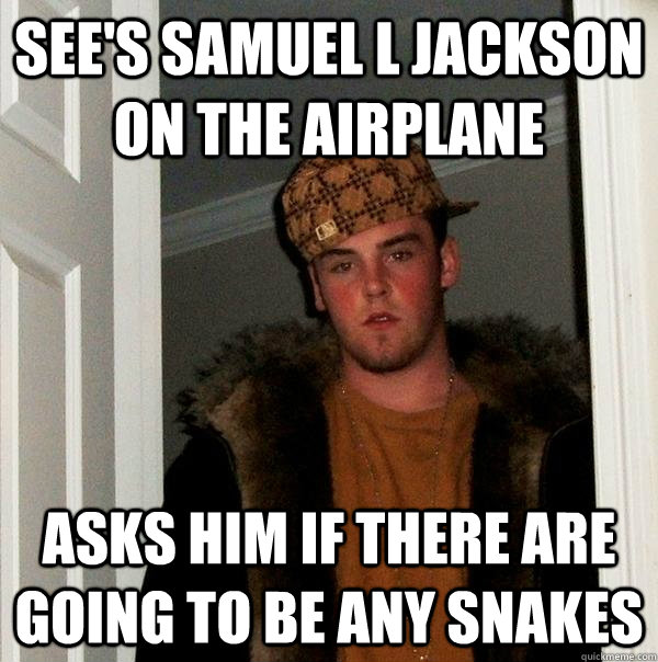 See's samuel l jackson on the airplane asks him if there are going to be any snakes  Scumbag Steve