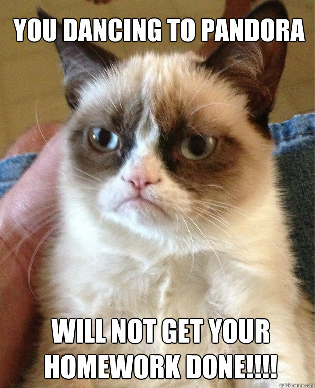 you dancing to pandora  will NOT get your homework done!!!!  Grumpy Cat