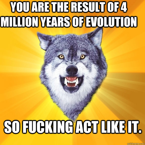 You are the result of 4 million years of evolution So fucking act like it. - You are the result of 4 million years of evolution So fucking act like it.  Courage Wolf