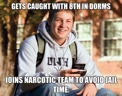 gets caught with 8th in dorms joins narcotic team to avoid jail time.  College Freshman