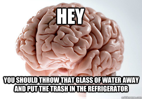 HEY YOU SHOULD THROW THAT GLASS OF WATER AWAY AND PUT THE TRASH IN THE REFRIGERATOR  Scumbag Brain