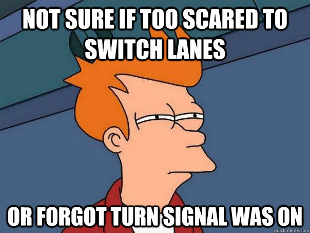 not sure if too scared to switch lanes or forgot turn signal was on  Futurama Fry