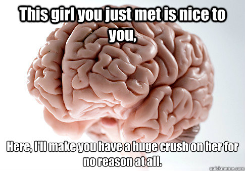 This girl you just met is nice to you, Here, I'll make you have a huge crush on her for no reason at all.   Scumbag Brain