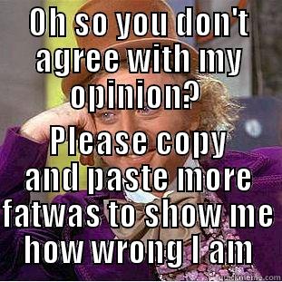 OH SO YOU DON'T AGREE WITH MY OPINION?  PLEASE COPY AND PASTE MORE FATWAS TO SHOW ME HOW WRONG I AM Condescending Wonka