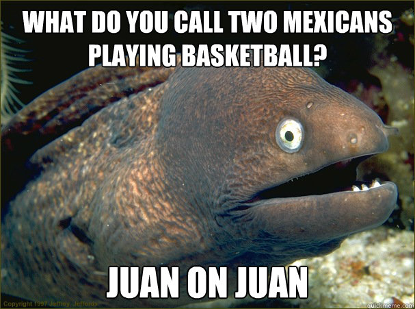 What do you call two Mexicans playing basketball? Juan on Juan - What do you call two Mexicans playing basketball? Juan on Juan  Bad Joke Eel