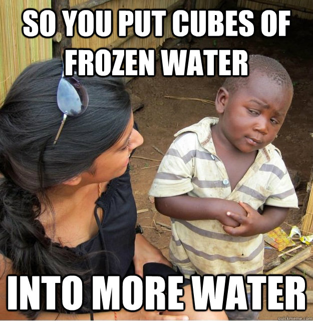 So you put cubes of frozen water into more water - So you put cubes of frozen water into more water  Skeptical Third World Kid