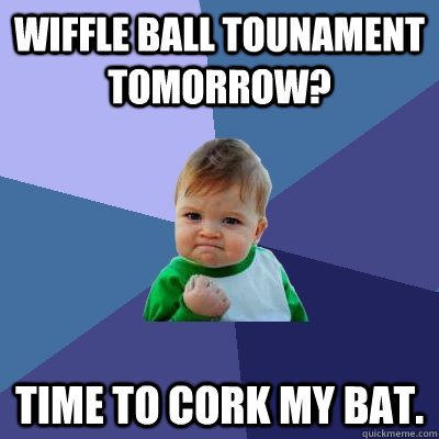 wiffle ball tounament tomorrow? time to cork my bat.  Success Kid