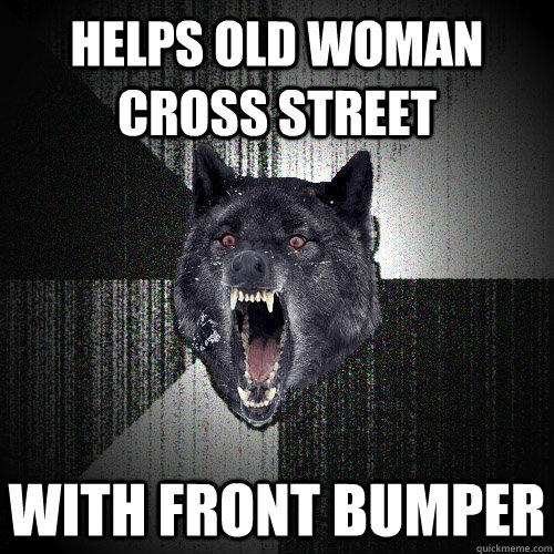 Helps old woman cross street With front bumper  