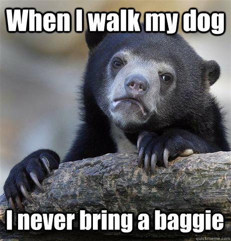 When I walk my dog I never bring a baggie  Confession Bear