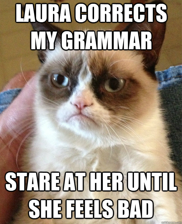 Laura corrects my grammar stare at her until she feels bad  Grumpy Cat