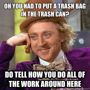 oh you had to put a trash bag in the trash can? do tell how you do all of the work around here  Condescending Wonka