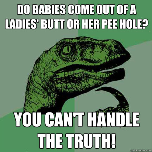 Do babies come out of a ladies' butt or her pee hole? You can't handle the truth!  Philosoraptor