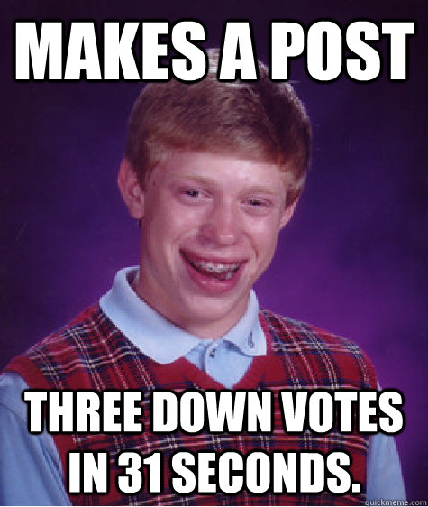 Makes a post Three down votes in 31 seconds.  Bad Luck Brian