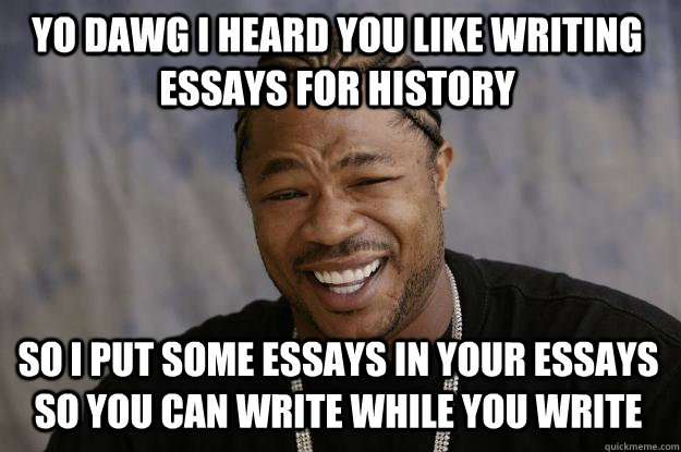 YO DAWG I HEARD YOU LIKE WRITING ESSAYS FOR HISTORY SO I PUT SOME ESSAYS IN YOUR ESSAYS SO YOU CAN WRITE WHILE YOU WRITE  Xzibit meme