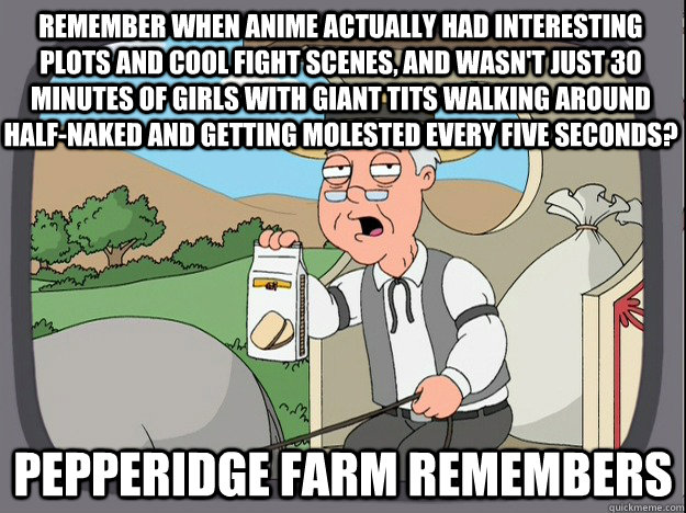 REMEMBER WHEN ANIME ACTUALLY HAD INTERESTING PLOTS AND COOL FIGHT SCENES, AND WASN'T JUST 30 MINUTES OF GIRLS WITH GIANT TITS WALKING AROUND HALF-NAKED AND GETTING MOLESTED EVERY FIVE SECONDS? PEPPERIDGE FARM REMEMBERS  Pepperidge Farm Remembers