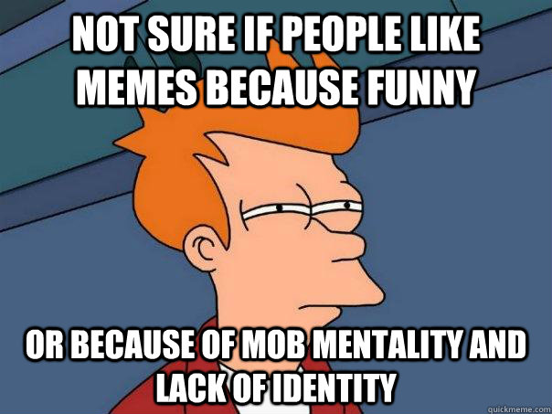 Not sure if people like memes because funny Or because of mob mentality and lack of identity  Futurama Fry