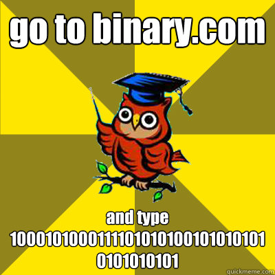 go to binary.com and type 10001010001111010101001010101010101010101  Observational Owl