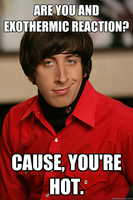 are you and exothermic reaction? Cause, you're hot. - are you and exothermic reaction? Cause, you're hot.  Pickup Line Scientist