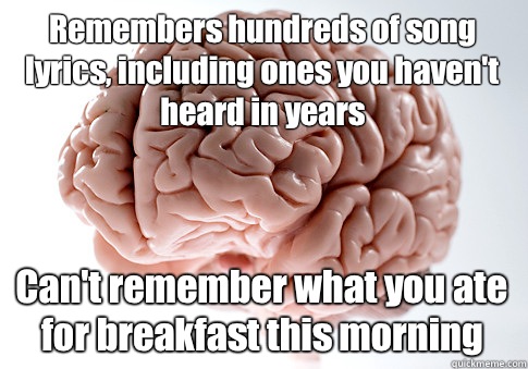 Remembers hundreds of song lyrics, including ones you haven't heard in years Can't remember what you ate for breakfast this morning   Scumbag Brain