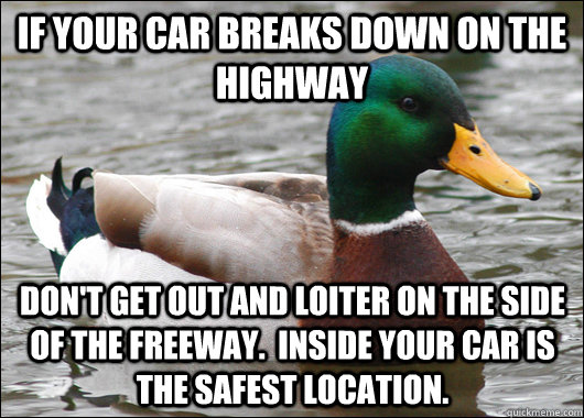 If your car breaks down on the highway Don't get out and loiter on the side of the freeway.  Inside your car is the safest location. - If your car breaks down on the highway Don't get out and loiter on the side of the freeway.  Inside your car is the safest location.  Actual Advice Mallard