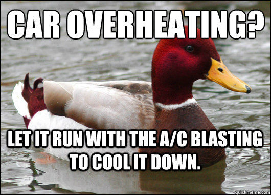 Car Overheating?
 Let it run with the A/C blasting to cool it down. - Car Overheating?
 Let it run with the A/C blasting to cool it down.  Malicious Advice Mallard