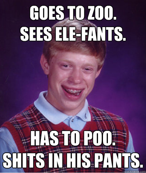 goes to zoo.
sees ele-fants. has to poo.
shits in his pants.  Bad Luck Brian