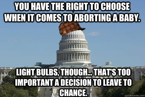 You have the right to choose when it comes to aborting a baby. Light Bulbs, though... that's too important a decision to leave to chance.  Scumbag Government