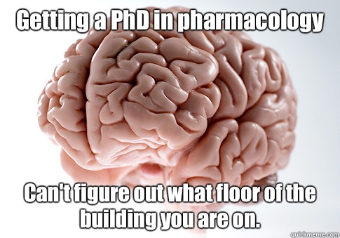 Getting a PhD in pharmacology Can't figure out what floor of the building you are on.   Scumbag Brain