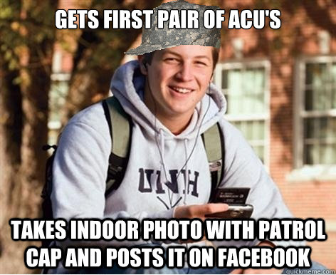 gets first pair of acu's takes indoor photo with patrol cap and posts it on facebook   