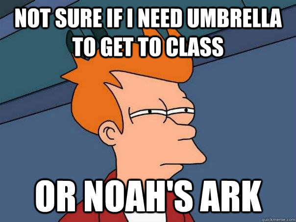 Not sure if i need umbrella to get to class or noah's ark  Futurama Fry