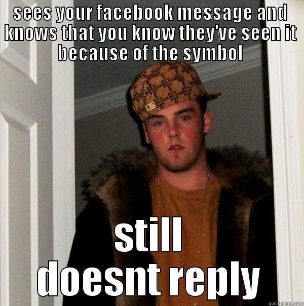 SEES YOUR FACEBOOK MESSAGE AND KNOWS THAT YOU KNOW THEY'VE SEEN IT BECAUSE OF THE SYMBOL STILL DOESNT REPLY Scumbag Steve