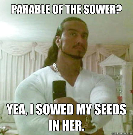 Parable of the sower? Yea, I sowed my seeds in her.  Guido Jesus