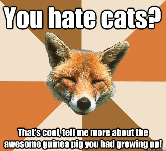 You hate cats? That's cool, tell me more about the awesome guinea pig you had growing up!  Condescending Fox