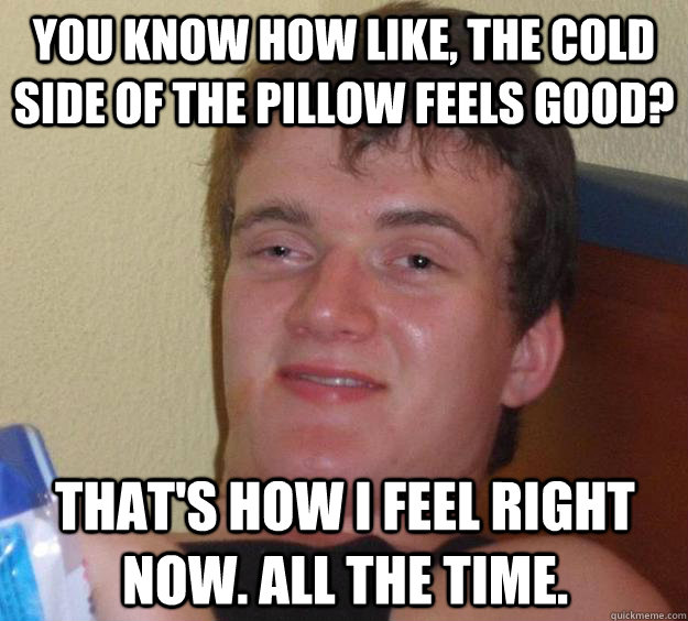 You know how like, the cold side of the pillow feels good? That's how i feel right now. All the time. - You know how like, the cold side of the pillow feels good? That's how i feel right now. All the time.  10 Guy