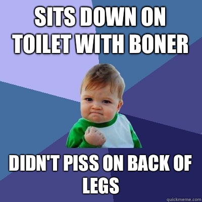 Sits down on toilet with boner Didn't piss on back of legs  Success Kid