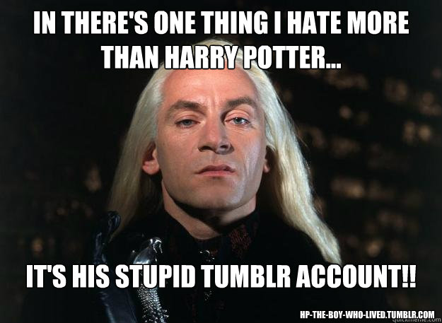 In there's one thing I hate more than Harry Potter... It's his stupid TUMBLR ACCOUNT!! hp-the-boy-who-lived.tumblr.com  