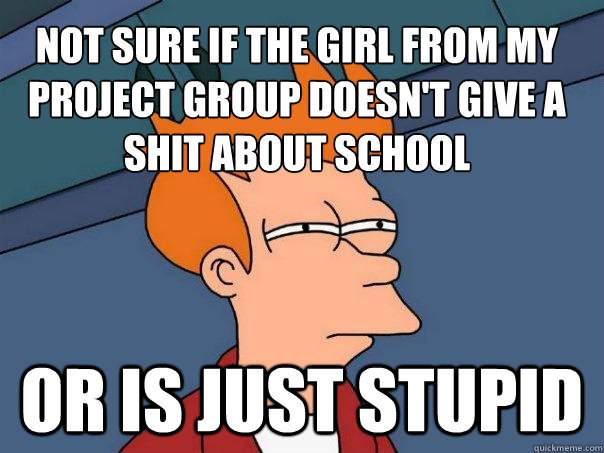 Not sure if the girl from my project group doesn't give a shit about school Or is just stupid   Futurama Fry