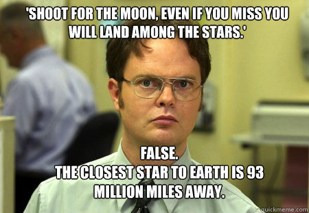 'shoot for the moon, even if you miss you will land among the stars.' FALSE.  
The closest star to earth is 93 million miles away. - 'shoot for the moon, even if you miss you will land among the stars.' FALSE.  
The closest star to earth is 93 million miles away.  Schrute