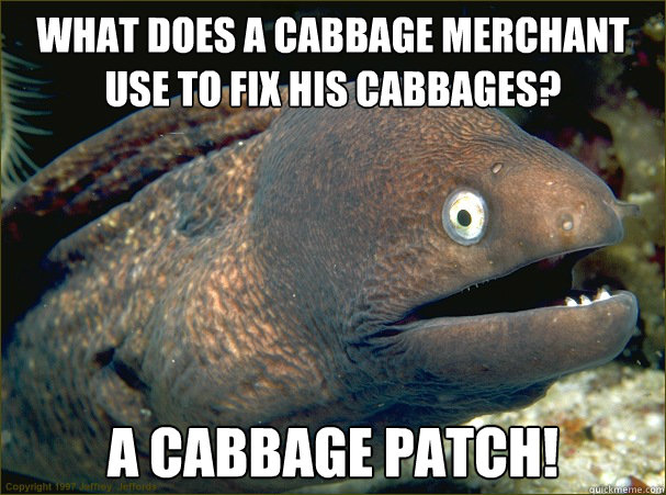 What does a cabbage merchant use to fix his cabbages? A cabbage patch!  Bad Joke Eel